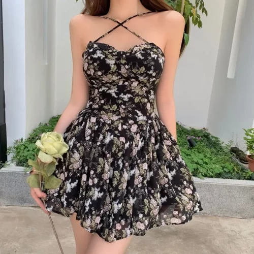 Chic Summer Flower Print Mesh Slip Dress